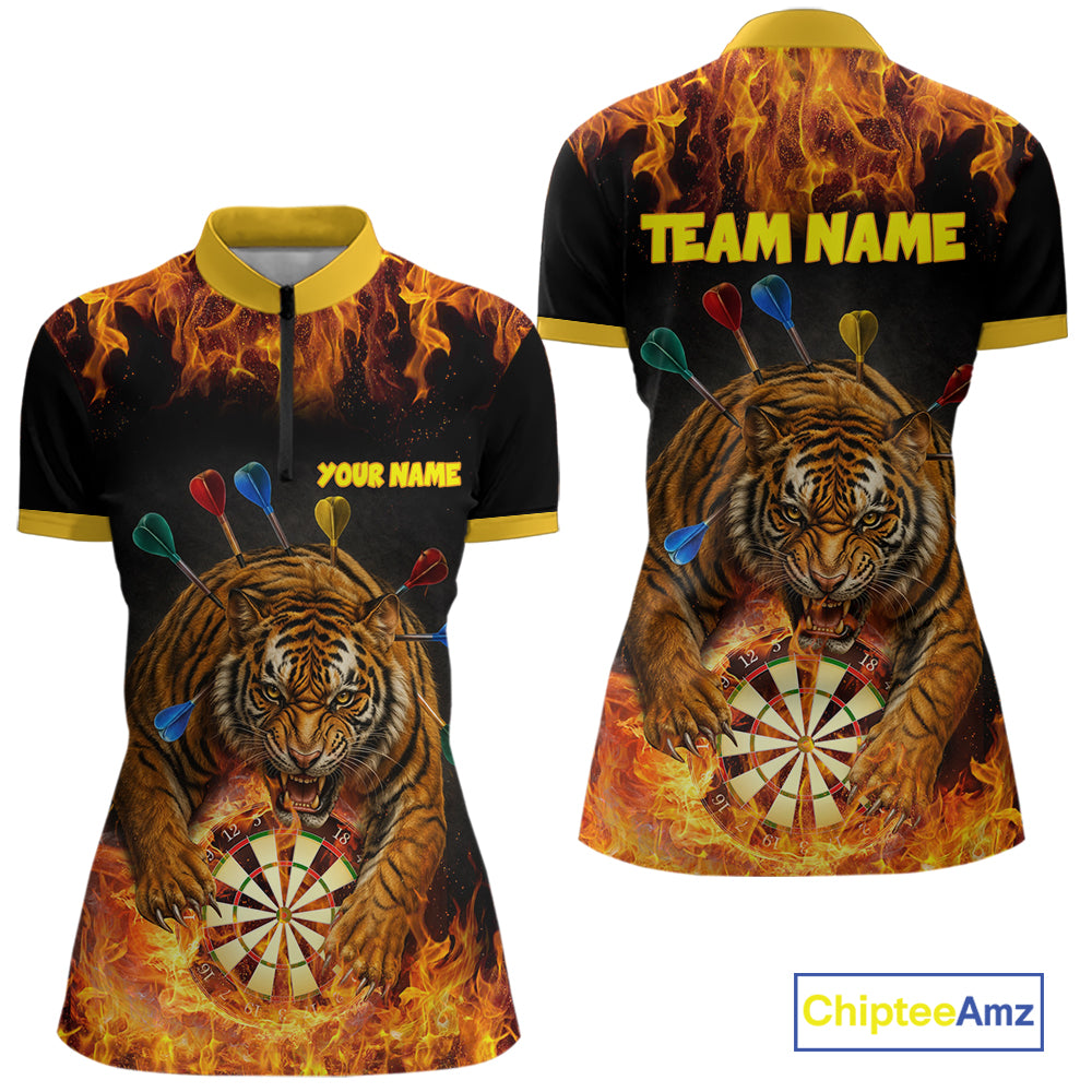 Personalized Fire Flame Tiger Darts Shirt For Women Custom Darts Jersey Team Polo & Quarter Zip TDM6312