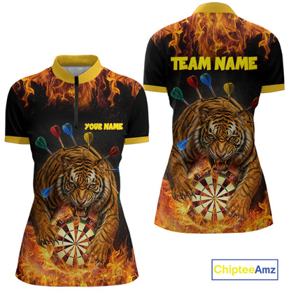 Personalized Fire Flame Tiger Darts Shirt For Women Custom Darts Jersey Team Polo & Quarter Zip TDM6312