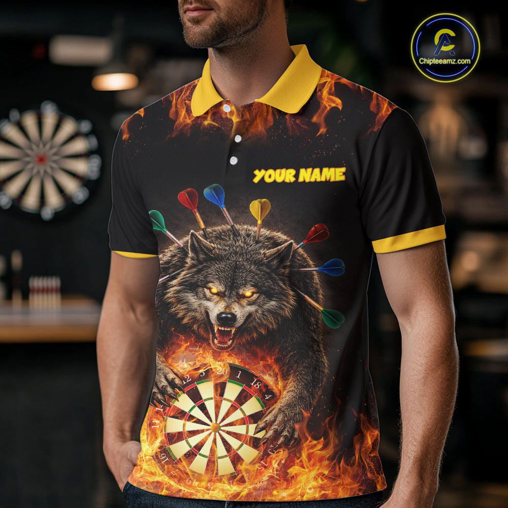 Personalized Fire Flame Wolf Darts Shirt For Men Custom Darts Jersey Team Polo & Quarter Zip TDM6314