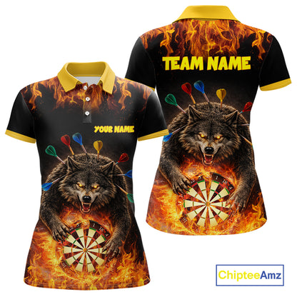 Personalized Fire Flame Wolf Darts Shirt For Women Custom Darts Jersey Team Polo & Quarter Zip TDM6314