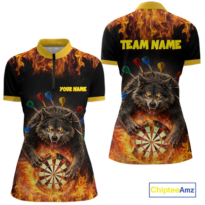 Personalized Fire Flame Wolf Darts Shirt For Women Custom Darts Jersey Team Polo & Quarter Zip TDM6314