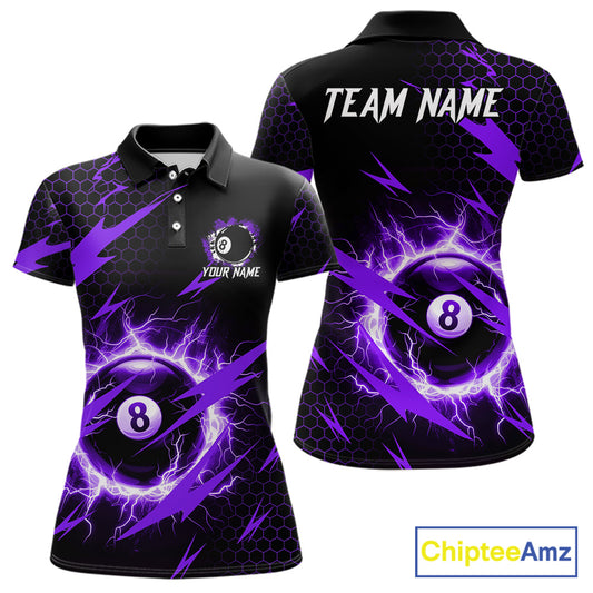Purple 8 ball thunder lightning billiard polo shirt for women with custom team graphics.