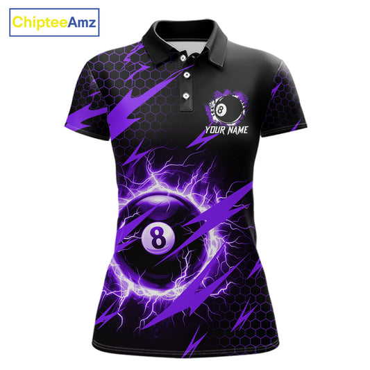 Purple 8 ball thunder lightning billiard polo shirt for women with custom team graphics.