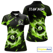 Load image into Gallery viewer, Green 8 ball thunder lightning billiard polo shirt for women with custom team graphics.
