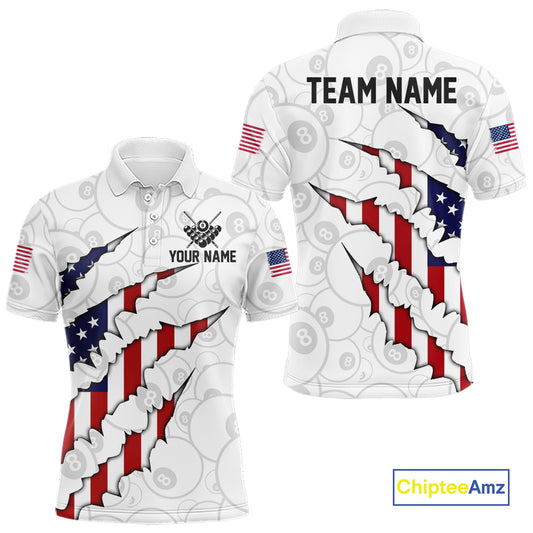 Personalized American Flag 8 Ball Polo & Quarter Zip Shirt For Men, Patriotic Pool Team Jersey TDM4551