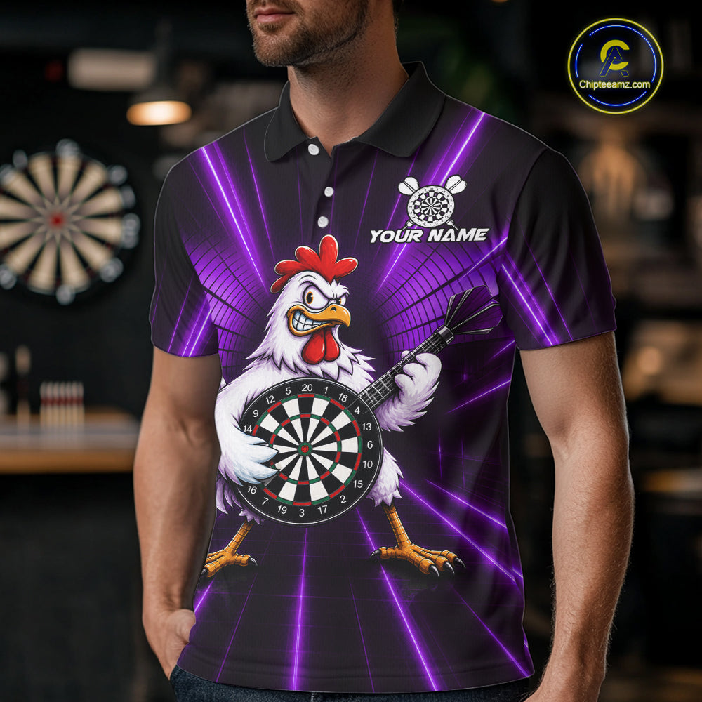 Purple Funny Chicken Playing Dartboard Guitar Custom Darts Shirts For Men, Darts Team Jersey TDM7203