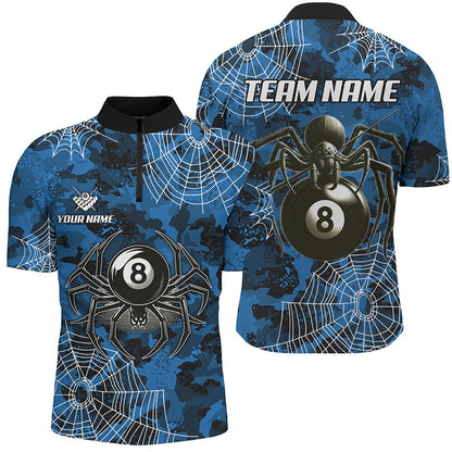 Blue Camo Billiard Spider Cobweb Custom Men Polo & Quarter-Zip Shirts, Unique 8 Ball Pool Jerseys TDM2459