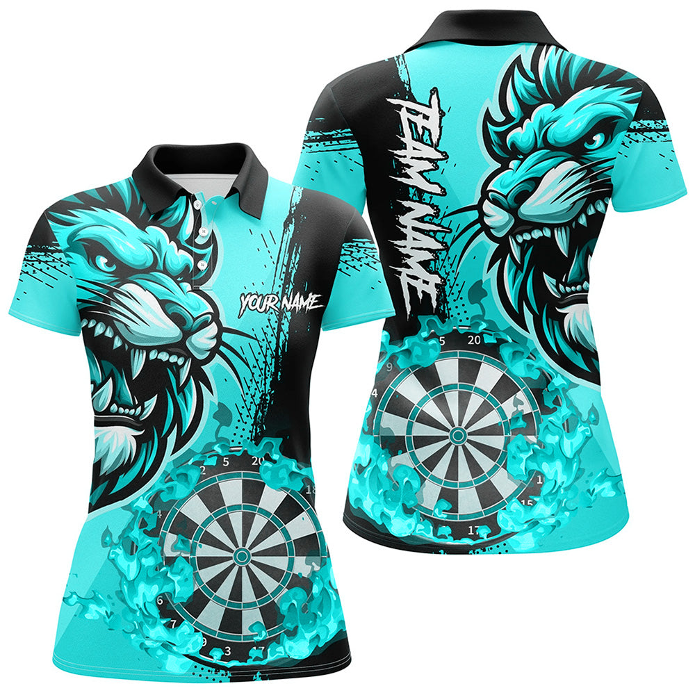 Turquoise Funny Darts Flame Lion Custom Polo & 1/4 Zip, Personalized Women Dart Shirts Dart Jerseys TDM2958