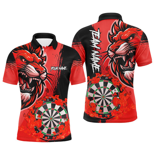 Red Funny Darts Flame Lion Custom Polo & Quarter-Zip, Personalized Men Dart Shirts Dart Jerseys TDM2959