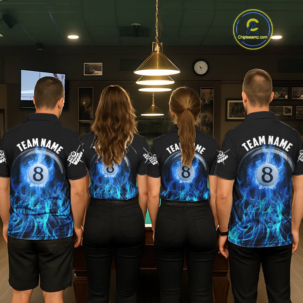 Blue Flaming 8 Ball Billiard Polo & 1/4 Zip For Women Custom Billiard Jersey, Pool Team Shirts TDM5431
