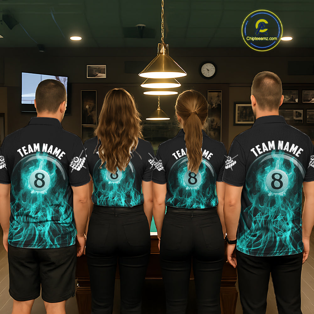 Turquoise Flaming 8 Ball Billiard Polo & 1/4 Zip For Women Custom Billiard Jersey, Pool Team Shirts TDM5433