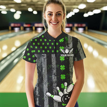 Load image into Gallery viewer, Green Shamrock Grunge US Flag Patriotic Bowling Shirts For Women Custom St Patrick Day Bowling Jersey TDM3545