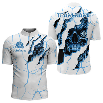 Personalized Skull White Blue Grunge Darts Polo & Quarter-Zip For Men Custom Dart Team Jerseys TDM3705