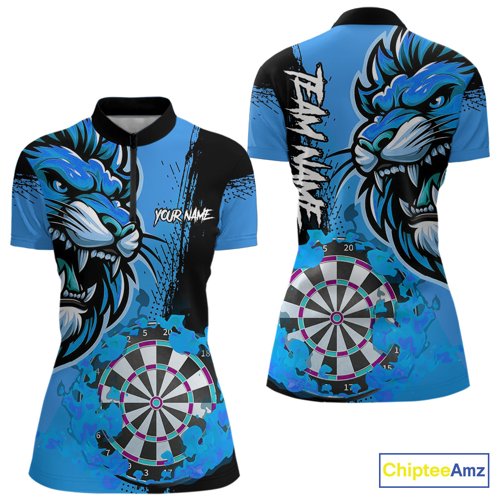 Blue Funny Darts Flame Lion Custom Polo & Quarter-Zip, Personalized Women Dart Shirts Dart Jerseys TDM3974