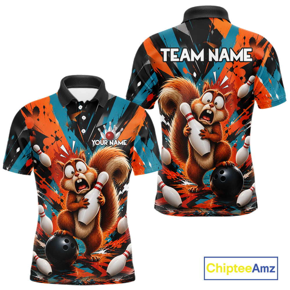 Colorful Graffiti Funny Squirrel Bowling Polo, 1/4 Zip Shirts For Men Custom Bowling Team Jersey TDM6489