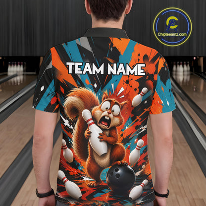Colorful Graffiti Funny Squirrel Bowling Polo, 1/4 Zip Shirts For Men Custom Bowling Team Jersey TDM6489