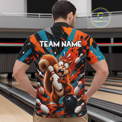 Colorful Graffiti Funny Squirrel Bowling Polo, 1/4 Zip Shirts For Men Custom Bowling Team Jersey TDM6489