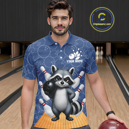 Funny Raccoon Navy Blue Bowling Polo & Quarter Zip Shirts For Men Custom Bowling Team Jersey TDM6490