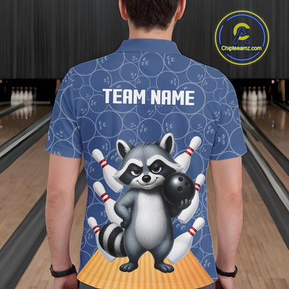 Funny Raccoon Navy Blue Bowling Polo & Quarter Zip Shirts For Men Custom Bowling Team Jersey TDM6490