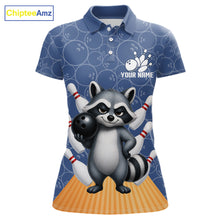 Load image into Gallery viewer, Funny Raccoon Navy Blue Bowling Polo &amp; Quarter Zip Shirts For Women Custom Bowling Team Jersey TDM6490
