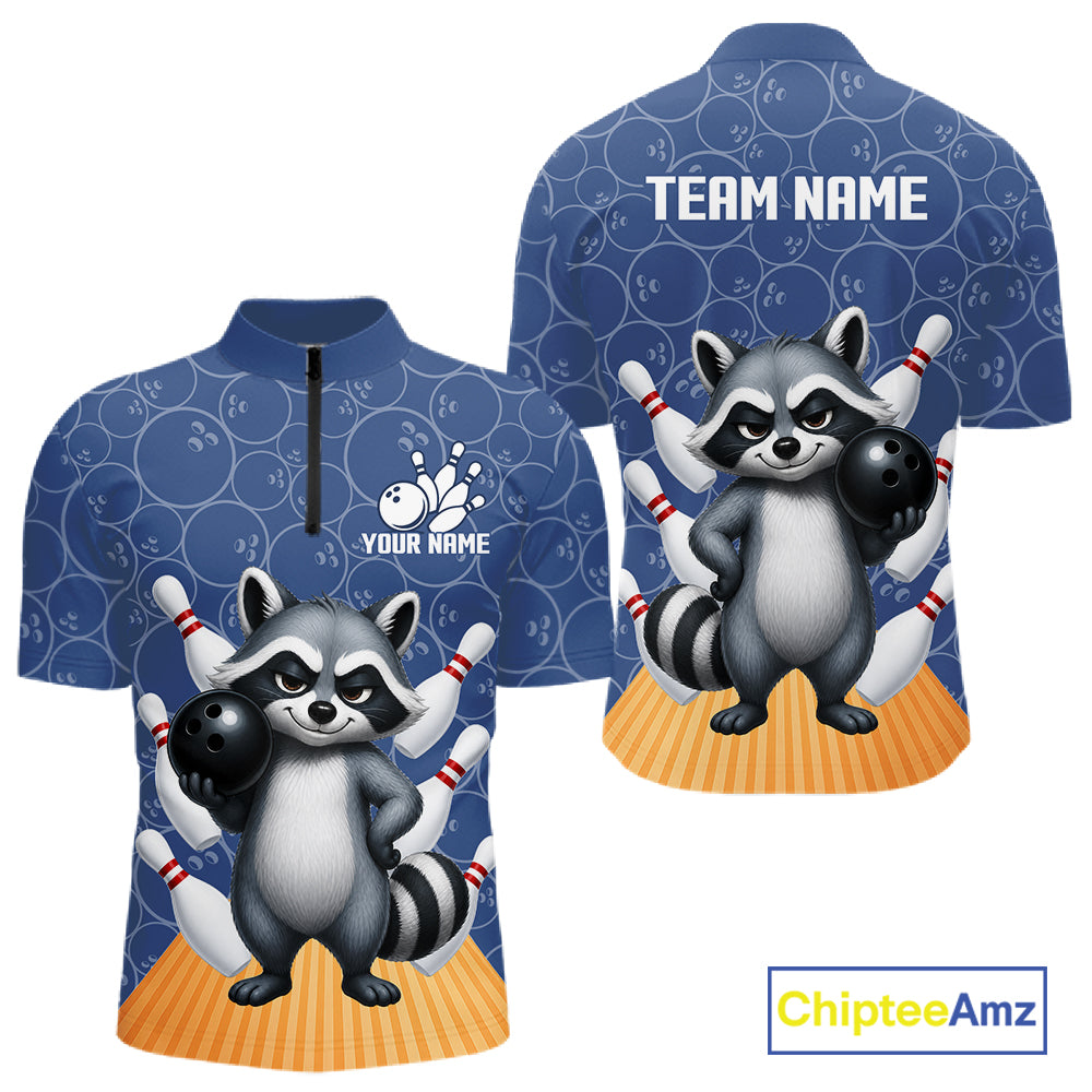 Funny Raccoon Navy Blue Bowling Polo & Quarter Zip Shirts For Men Custom Bowling Team Jersey TDM6490
