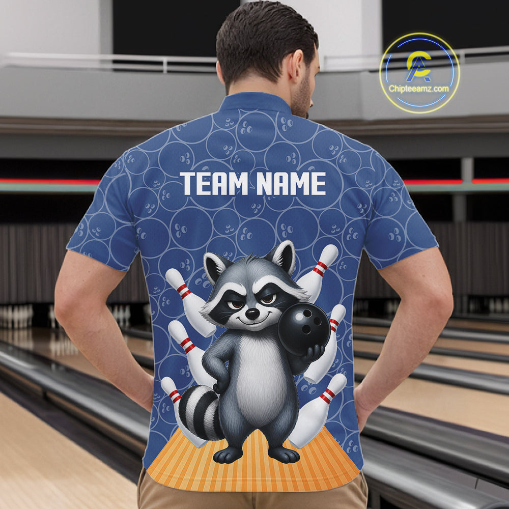 Funny Raccoon Navy Blue Bowling Polo & Quarter Zip Shirts For Men Custom Bowling Team Jersey TDM6490