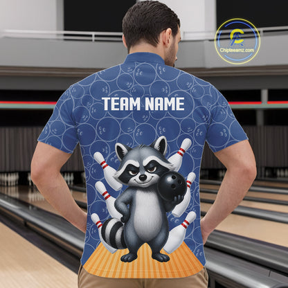 Funny Raccoon Navy Blue Bowling Polo & Quarter Zip Shirts For Men Custom Bowling Team Jersey TDM6490