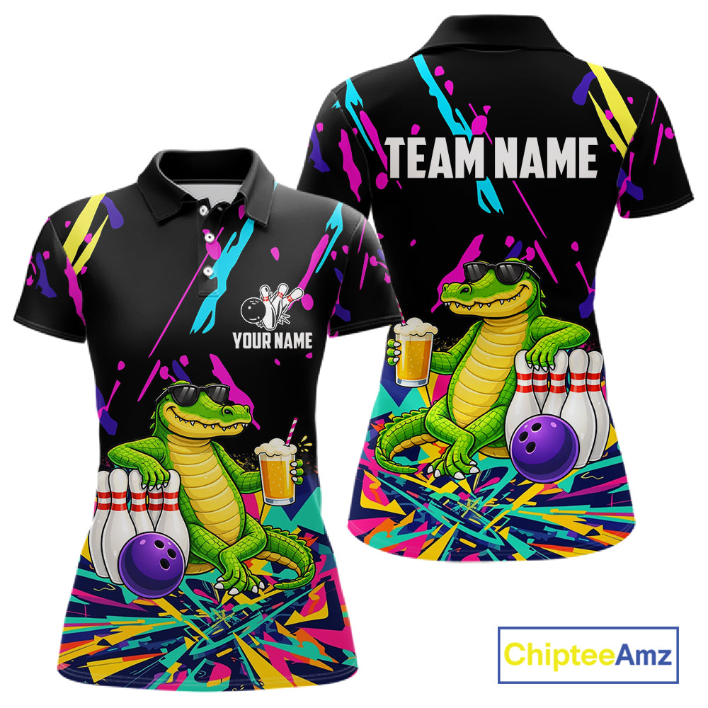 Colorful Bowling Jersey Funny Alligator Bowling Polo & 1/4 Zip For Women Custom Bowling Team Shirts TDM6491