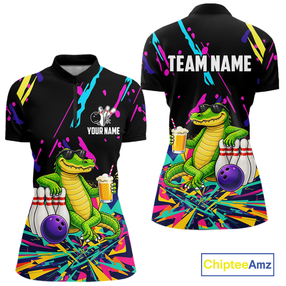 Colorful Bowling Jersey Funny Alligator Bowling Polo & 1/4 Zip For Women Custom Bowling Team Shirts TDM6491