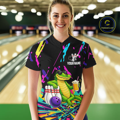 Colorful Bowling Jersey Funny Alligator Bowling Polo & 1/4 Zip For Women Custom Bowling Team Shirts TDM6491