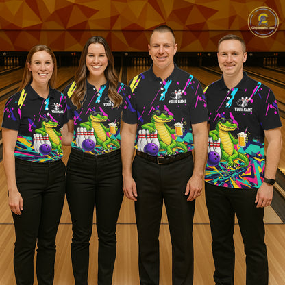 Colorful Bowling Jersey Funny Alligator Bowling Polo & 1/4 Zip For Men Custom Bowling Team Shirts TDM6491
