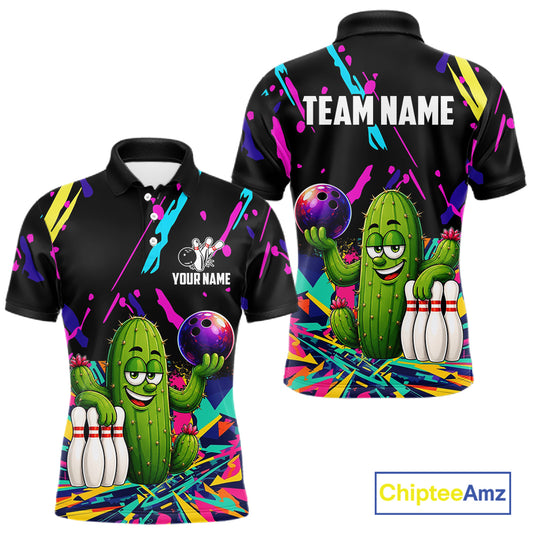 Colorful Bowling Jersey Funny Cactus Bowling Polo & 1/4 Zip For Men Custom Bowling Team Shirts TDM6492