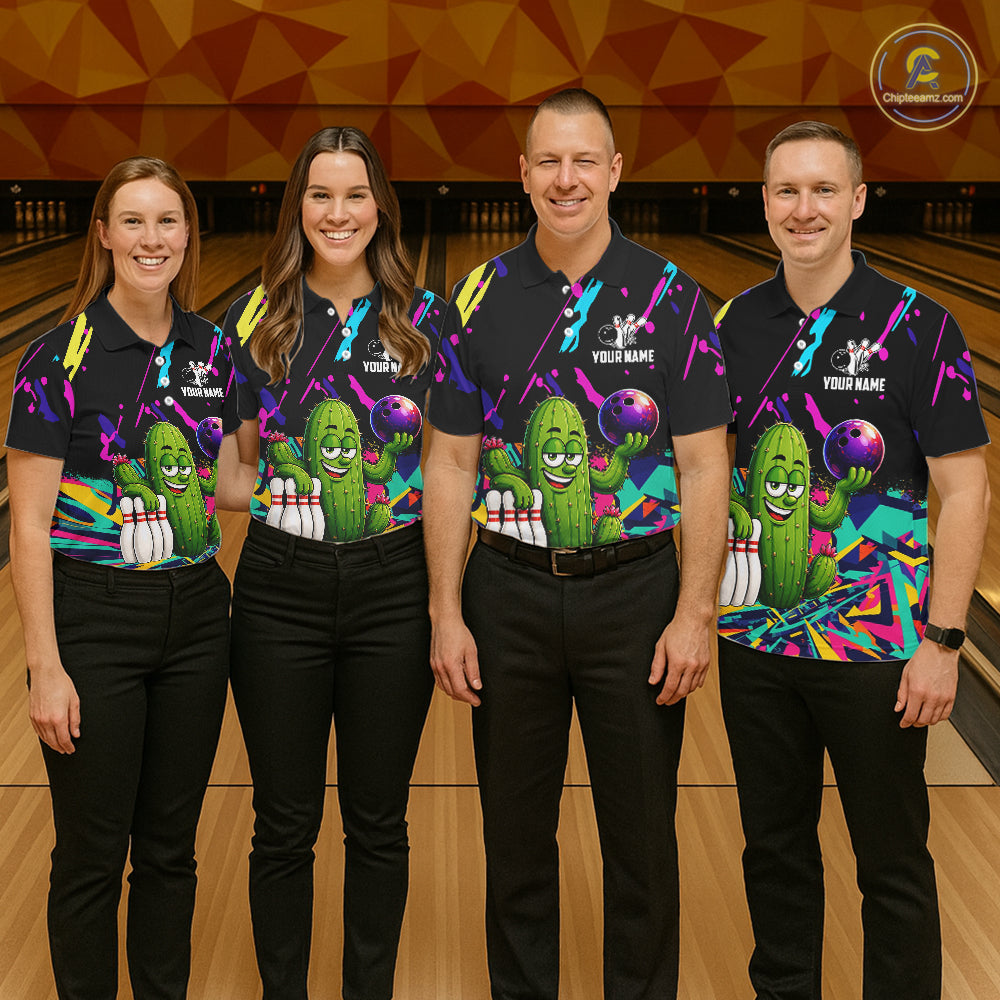 Colorful Bowling Jersey Funny Cactus Bowling Polo & 1/4 Zip For Women Custom Bowling Team Shirts TDM6492