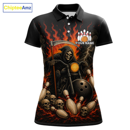 Funny Grim Reaper Motorcycle Bowling Shirts For Women Custom Orange Flame Bowling Team Jersey TDM7214