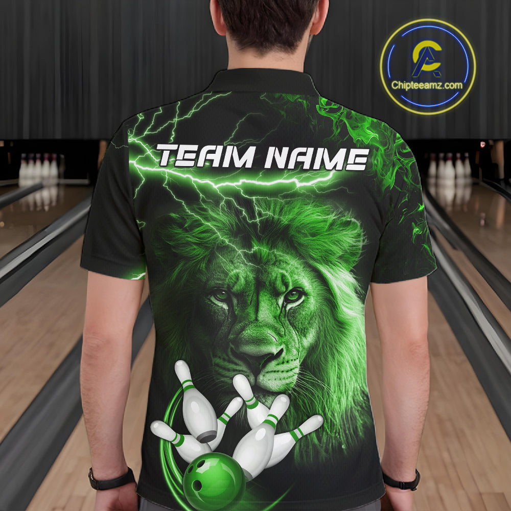 Personalized Green Lightning Thunder Lion Bowling Shirts For Men Custom Bowling Team Jerseys TDM7220