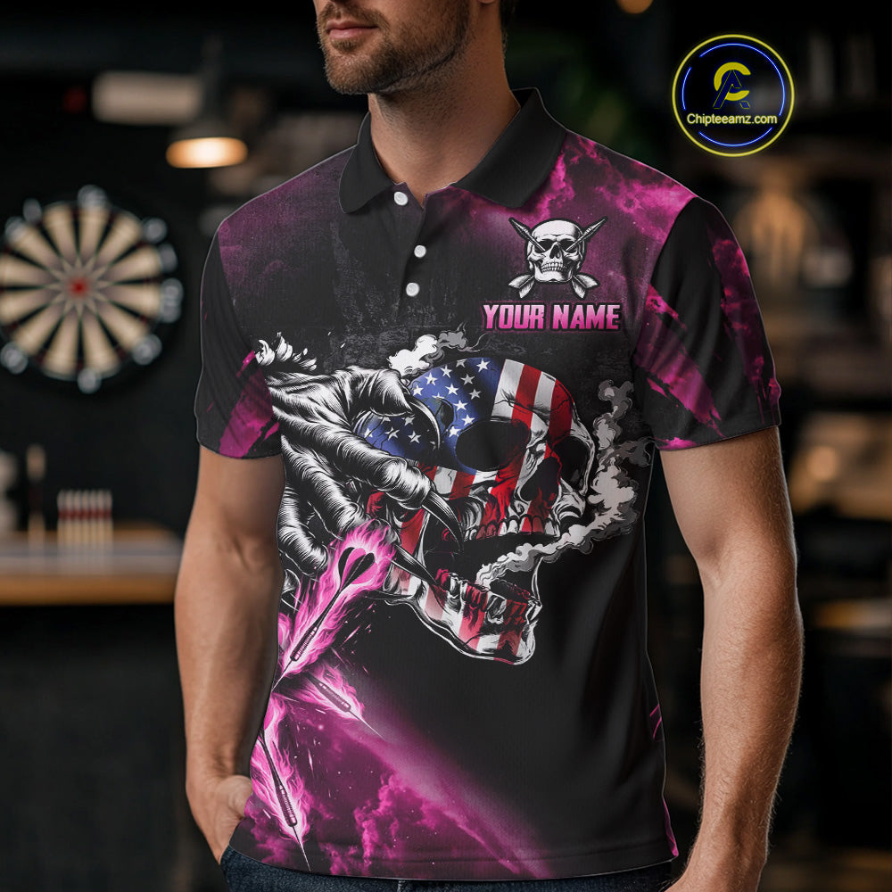 Fire Flame Darts Board American Flag Skull Dart Shirts For Men Custom Darts Team Jerseys |Pink TDM4774