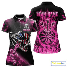Load image into Gallery viewer, Fire Flame Darts Board American Flag Skull Dart Shirts For Women Custom Darts Team Jerseys |Pink TDM4774