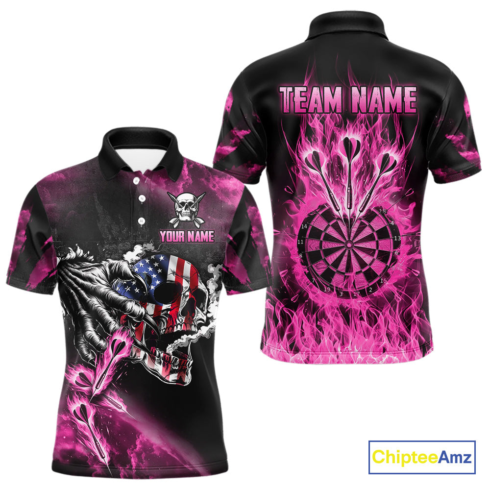Fire Flame Darts Board American Flag Skull Dart Shirts For Men Custom Darts Team Jerseys |Pink TDM4774