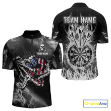 Load image into Gallery viewer, Fire Flame Darts Board American Flag Skull Dart Shirts For Men Custom Darts Team Jerseys |Grey TDM4775