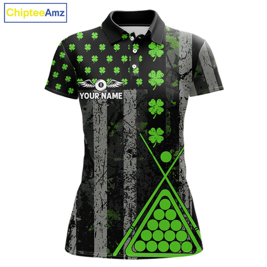 Green Grunge US Flag Luckiest Shamrock Billiard Shirt For Women Custom St Patrick Day Pool Jersey TDM5710