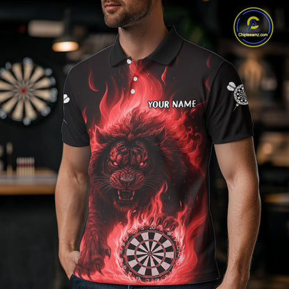 Red Flaming Lion Darts Shirts For Men Custom Fire Darts League Jersey Team Polo & 1/4 Zip TDM6065