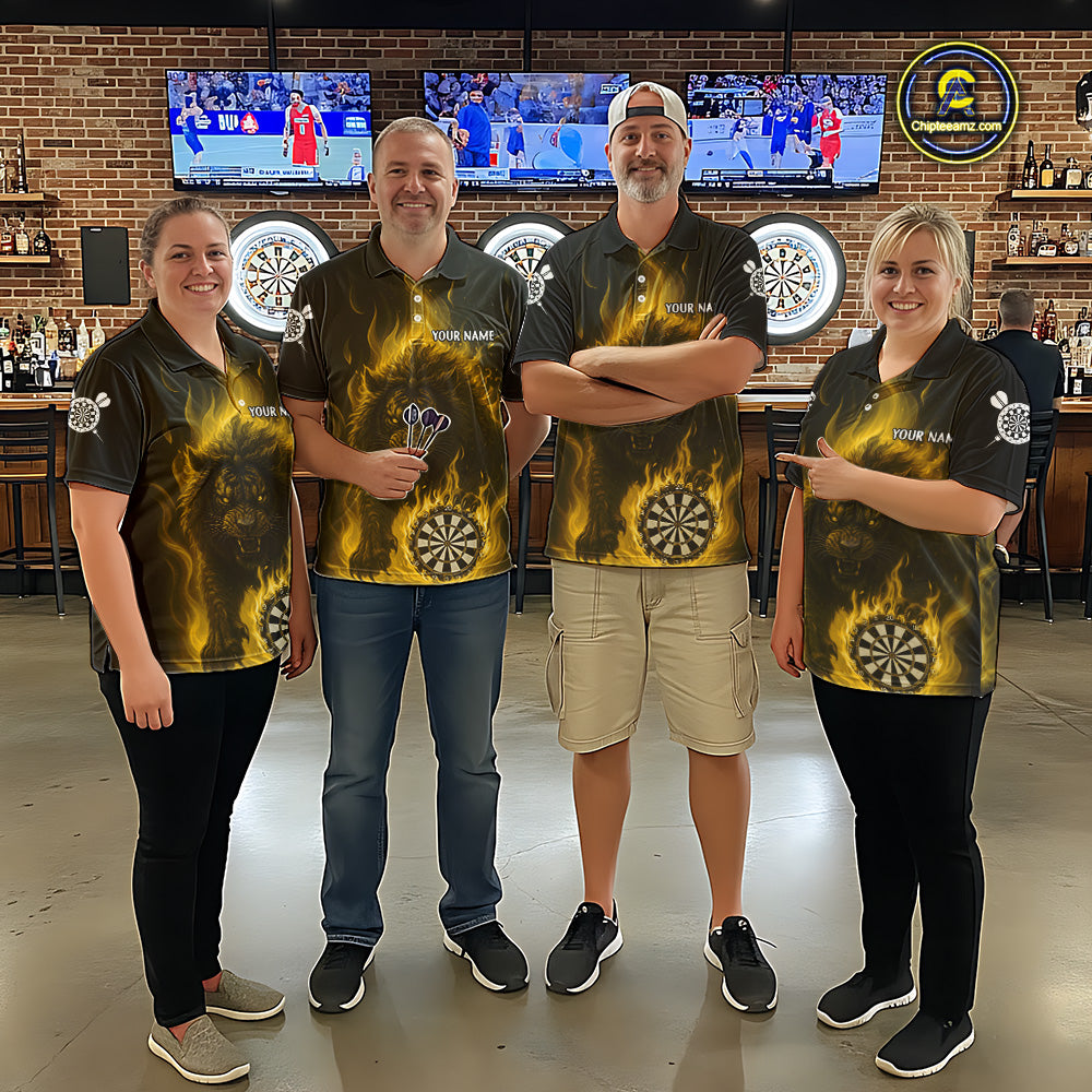 Yellow Flaming Lion Darts Shirts For Women Custom Fire Darts League Jersey Team Polo & 1/4 Zip TDM6066