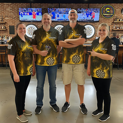 Yellow Flaming Lion Darts Shirts For Women Custom Fire Darts League Jersey Team Polo & 1/4 Zip TDM6066