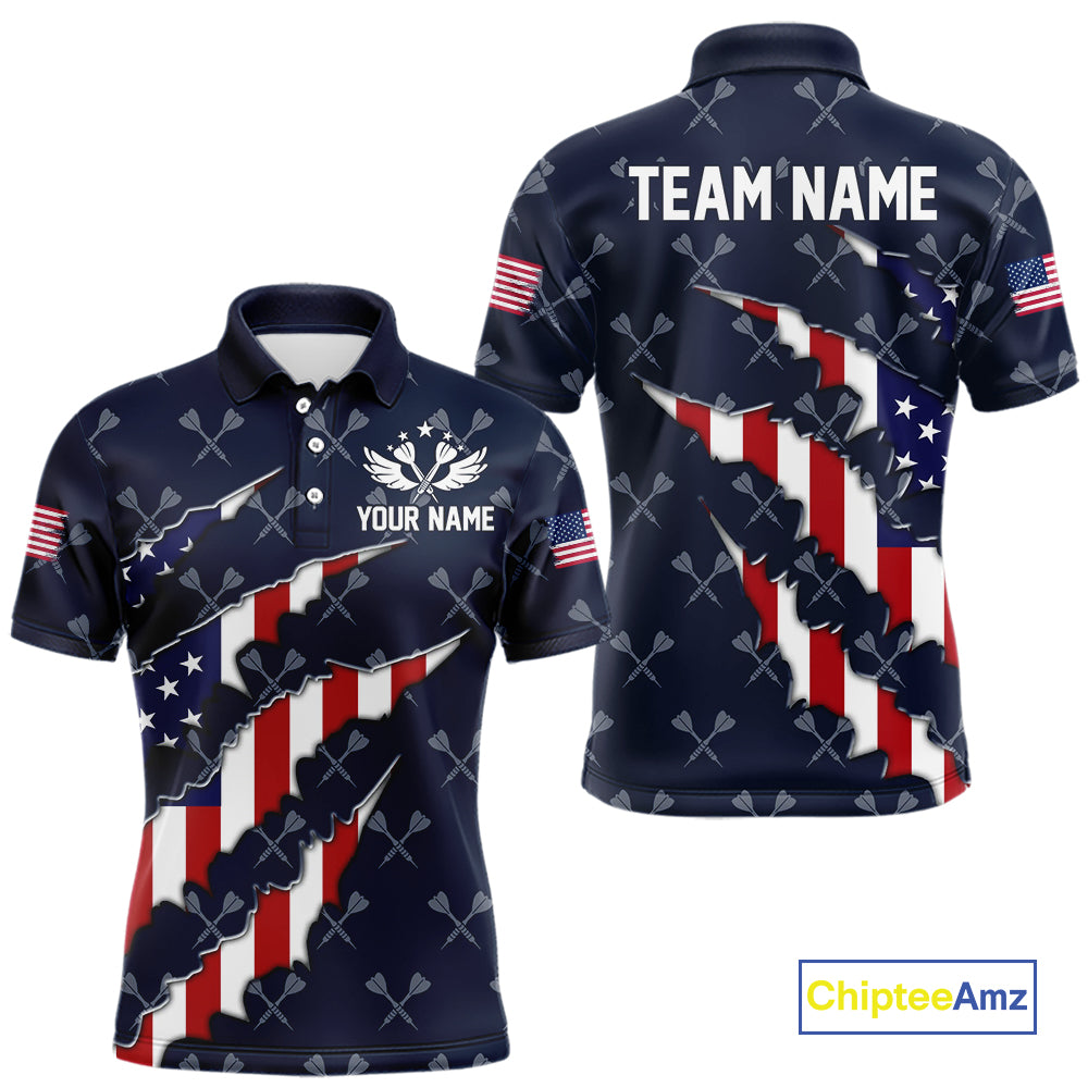 Personalized American Flag Navy Dart Pattern Polo & Quarter Zip For Men, Patriotic Darts Jersey TDM4996