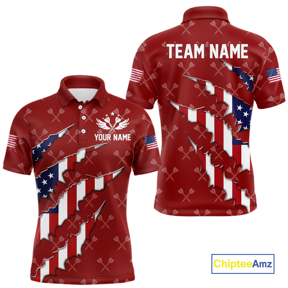 Personalized American Flag Red Dart Pattern Polo & Quarter Zip For Men, Patriotic Darts Jersey TDM4997