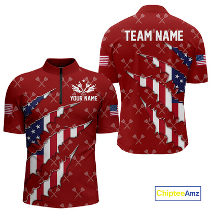 Personalized American Flag Red Dart Pattern Polo & Quarter Zip For Men, Patriotic Darts Jersey TDM4997