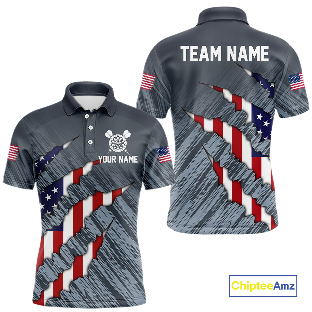 American Flag Grey Grunge Darts Polo & Quarter Zip Custom Dart Shirt For Men Patriotic Dart Jersey TDM4998