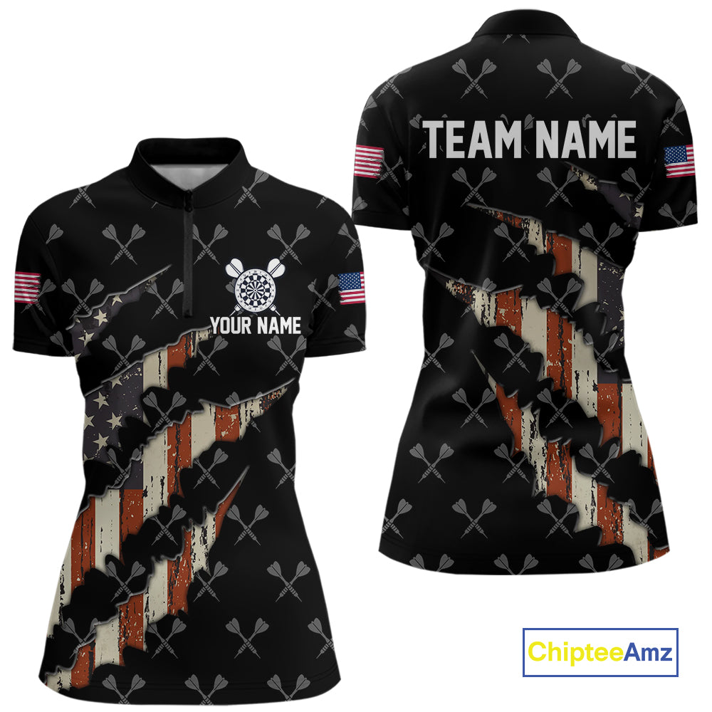 Vintage American Flag Darts Polo & Quarter Zip Custom Darts Shirt For Women, Patriotic Darts Jersey TDM4999