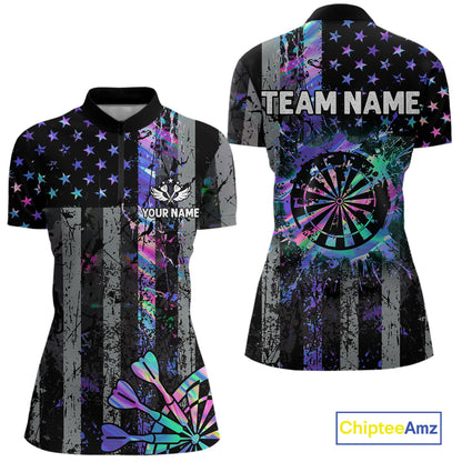 Custom Holographic Grunge US Flag Darts Shirt For Women, Patriotic Darts Team Jerseys Polo & 1/4 Zip TDM5455