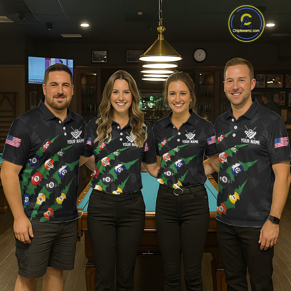 Personalized Scratch Black 8 Ball Billiard Shirt For Women, Pool Team Jersey Polo 1/4 Zip |Green TDM6070